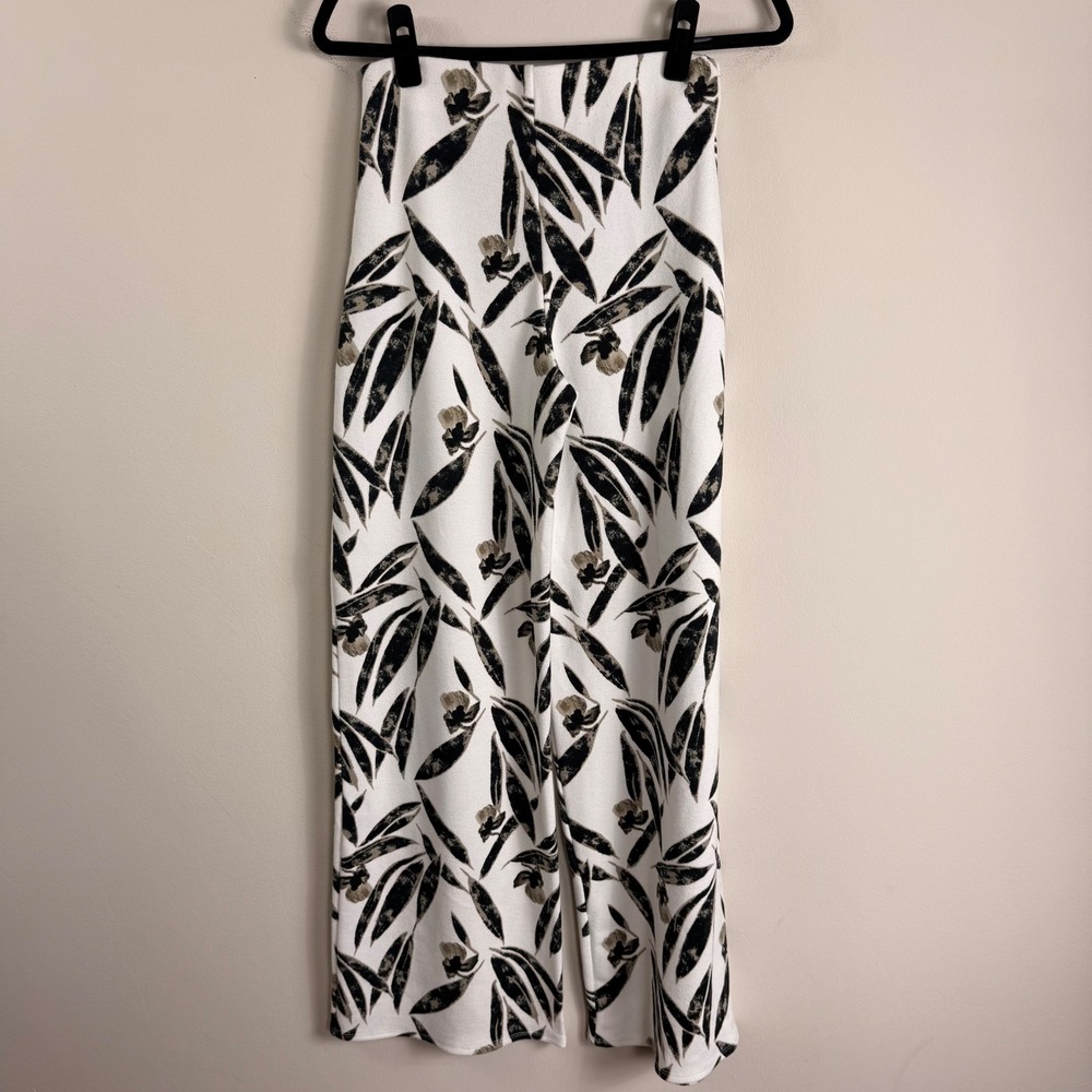 Zara Womens Small White Black Botanical Leaf Print Wide Leg High Waist Pants